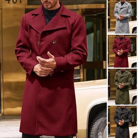 Men's Winter Mid-Length Double-Breasted Trench Coat Classic Lapel Thickened Overcoat Business Casual Outerwear