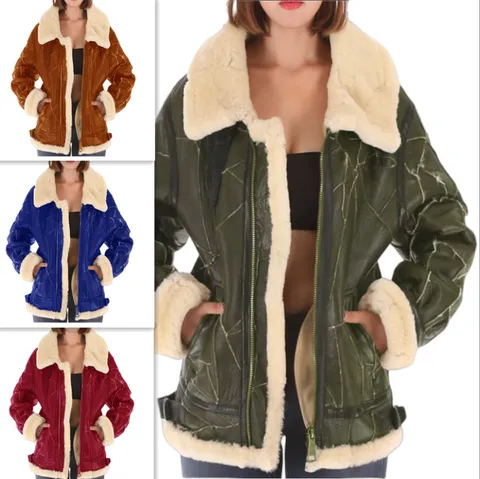 Women's Winter Thickened Suede Lamb Wool Puffer Jacket Lapel Long Sleeve Zip Up Casual Coat Outerwear