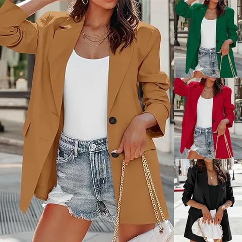 Veste Blazer Décontractée à Manches Longues et Revers Unie pour Femmes Vêtement de Bureau