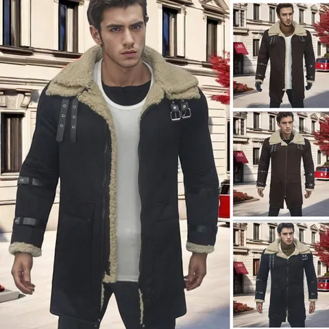 Men's Winter Thickened Suede Artificial Fur Coat Casual Loose Long Outerwear Lapel Zipper Men Clothing