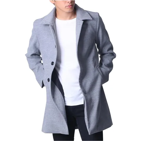 Men's Winter Woolen Trench Coat Single Breasted Lapel Long Overcoat Solid Color Thickened Business Casual Outerwear Jacket