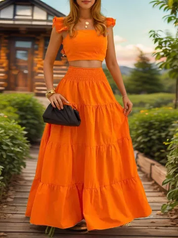 Damen Casual Sexy Einfarbig Rüschen Cami Top Und Langer Rock Matching Set Sommer Strand Urlaub Outfit