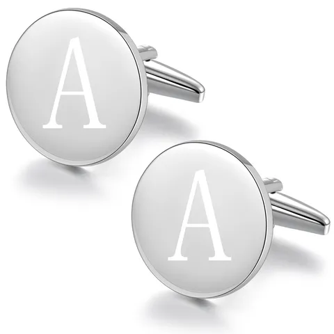 Boutons de Manchette en Cuivre d'Affaires pour Hommes Lettre Gravée au Laser Argenté Rond Costume Chemise Accessoires Bijoux Cadeau