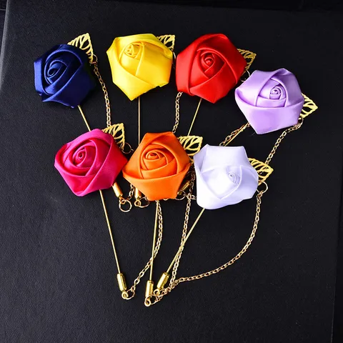 Stoff Rosenblüte Brosche Mit Goldkette Lange Nadel Hochzeit Anzug Revers Korsett Party Dekorative Schmuck