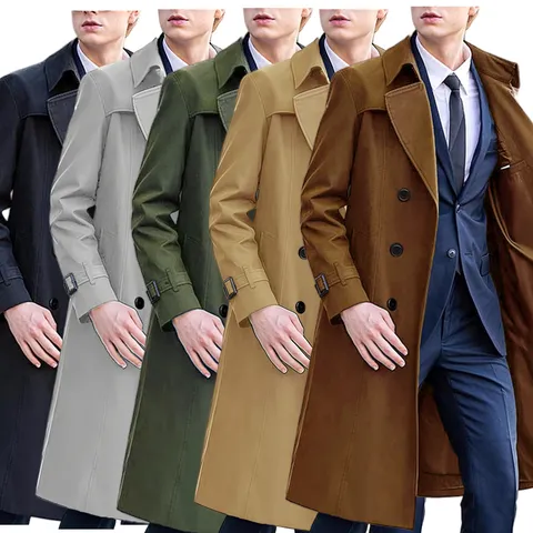 Men's Casual Long Trench Coat Double Breasted Lapel Windbreaker Polyester Solid Color Regular Fit Spring Autumn Outerwear