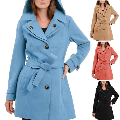 Women's Thickened Woolen Trench Coat Mid Length Hooded Trench Coat With Belt Button Winter Outerwear Women Clothing