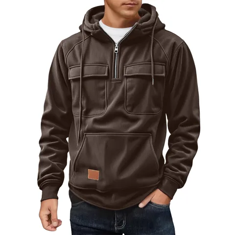 Sweat à Capuche en Velours Côtelé pour Hommes Automne Hiver Décontracté Demi-Zip avec Multi-Poches Manches Longues Haut