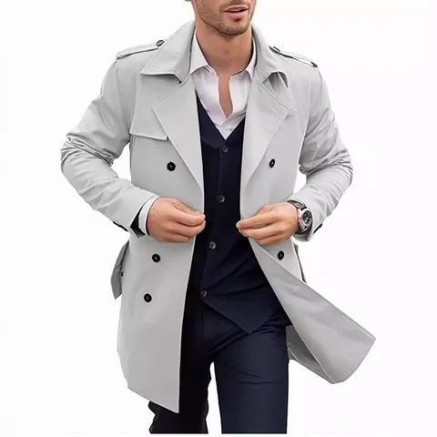 Men Casual Double Breasted Trench Coat Mid Length Lapel Windbreaker Jacket Business Outwear Spring Autumn