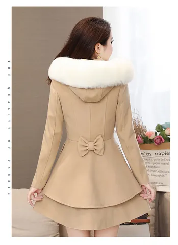 Manteau en Laine Slim à Capuche Style Coréen pour Femme Hiver Manches Longues Boutonné Croisé Veste en Mélange de Laine avec Col Fourrure