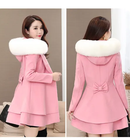 Manteau en Laine Slim à Capuche Style Coréen pour Femme Hiver Manches Longues Boutonné Croisé Veste en Mélange de Laine avec Col Fourrure