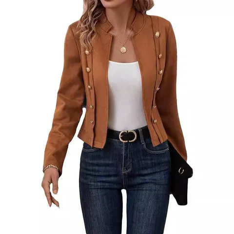 Damen Vintage Wildlederimitat Jacke Lässig Stehkragen Langarm Zweireihig Kurzer Mantel Herbst Winter Oberbekleidung