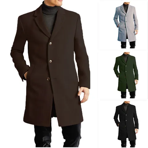 Men's Long Wool Blend Overcoat Single Breasted Turn Down Collar Business Casual Winter Trench Coat Outwear