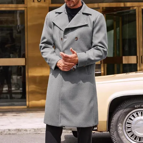 Men's Winter Mid-Length Double-Breasted Trench Coat Classic Lapel Thickened Overcoat Business Casual Outerwear