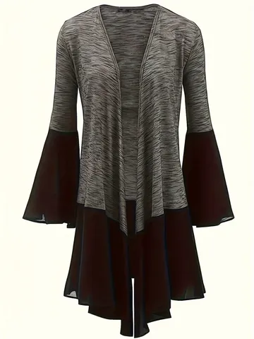 Mujeres Casual Patchwork Cardigan Manga Larga Acampanada Cuello en V Mezcla de Poliéster y Spandex Frente Abierto Top