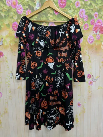 Women's Halloween Dark Style Midi Dress Off-Shoulder Ruffle Long Sleeve Polyester Blend A-Line Party Dress