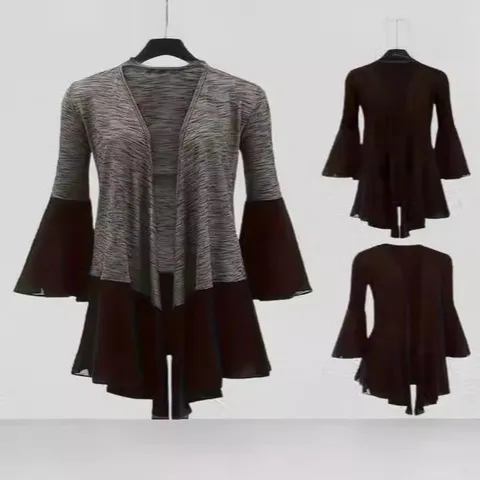Mujeres Casual Patchwork Cardigan Manga Larga Acampanada Cuello en V Mezcla de Poliéster y Spandex Frente Abierto Top