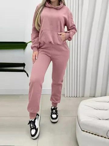 Women Casual Solid Color Long Sleeve Hoodie And Sweatpants Top And Bottom Polyester Spandex Fall Winter Tracksuit