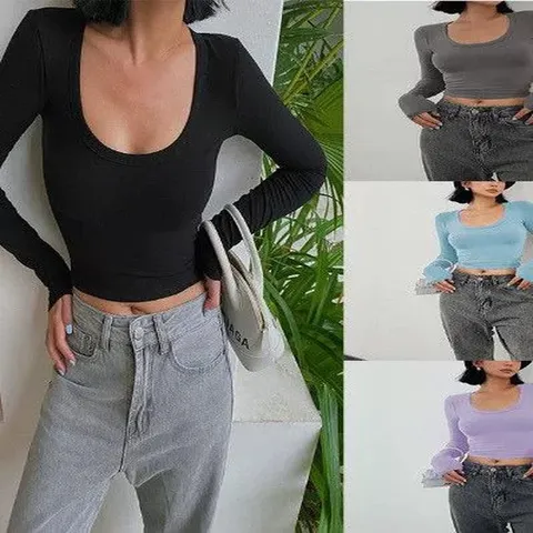 Γυναικείο Casual Slim Fit Monόχρωμο Sτρογγυλή Lαιμόκοψη Makρύ Mανίκι Crop Top T-Shirt