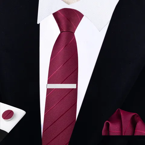 Ensemble de Cravate Étroite d'Affaires pour Hommes Avec Pochette Boutons de Manchette et Pince à Cravate Boîte Cadeau Polyester Tissé