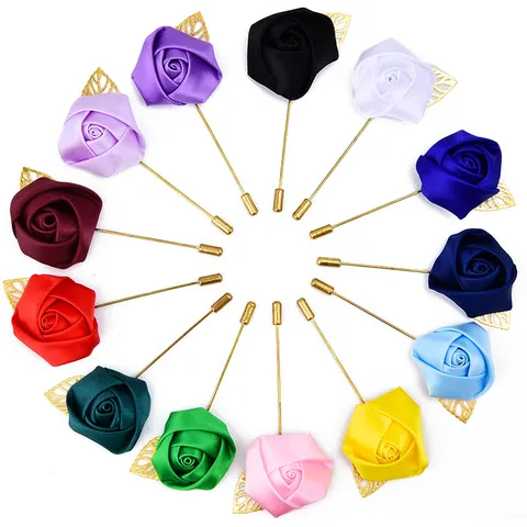 Handgemachte Satin Rosenblüte Brosche Pin Hochzeit Geschäft Party Anzug Revers Pin Metall Lange Pin Mode Schmuck Für Frauen Männer