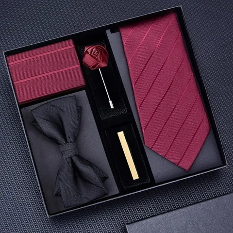 Herren Weinrot Jacquard Krawatte Set Für Hochzeit Bräutigam Formal Business Anzug Mit Einstecktuch Brosche Krawattenklammer