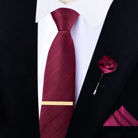 Herren Weinrot Jacquard Krawatte Set Für Hochzeit Bräutigam Formal Business Anzug Mit Einstecktuch Brosche Krawattenklammer