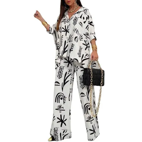 Dames Casual Tweelig Set Lange Mouw Revers Knop Overhemd En Rechte Broek Vier-Weg Stretch Mode Outfit
