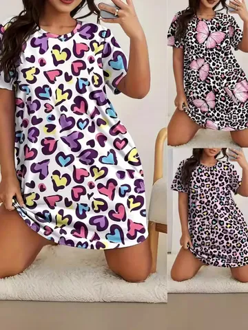 Robe Mini Femme Casual Col Rond Manches Courtes Été Ample Imprimé Cœur Papillon Mignon Mode Robe