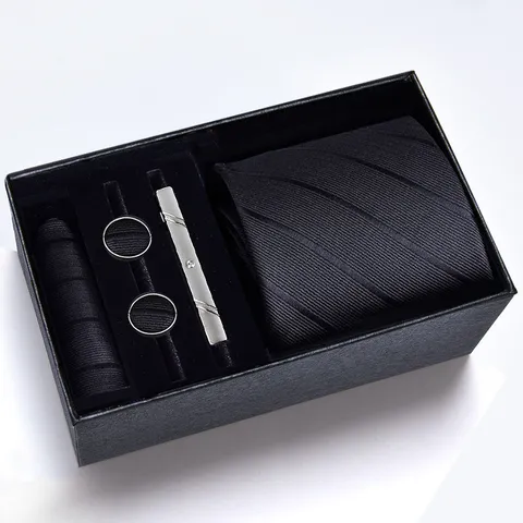 Ensemble Cravate Homme Affaires Tissé Jacquard Fait Main Pochette Boutons De Manchette Pince À Cravate Boîte Cadeau