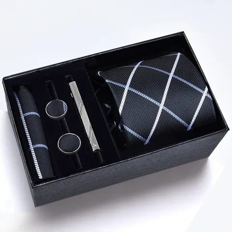 Ensemble de Cravates d'Affaires pour Hommes Rayées Carreaux Fait Main Classique Avec Pochette Boutons de Manchette Boîte