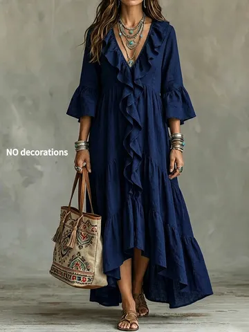 Damen Vintage V-Ausschnitt Rüsche Flickwerk Langarm Locker Maxi Kleid Lässig Herbst Elegant Einfarbig A-Linie Kleid
