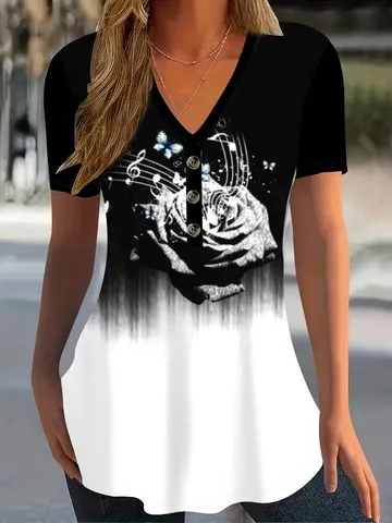 Camiseta Casual con Cuello en V y Manga Corta para Mujer Corte Holgado Estampado Floral
