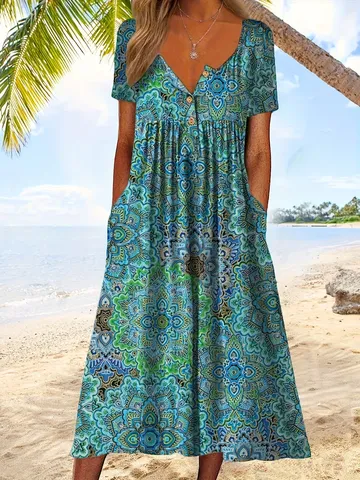 Robe Longue Décontractée Col V Manches Courtes Femme Boho Imprimé Floral Ample Robe Maxi Grande Taille Été