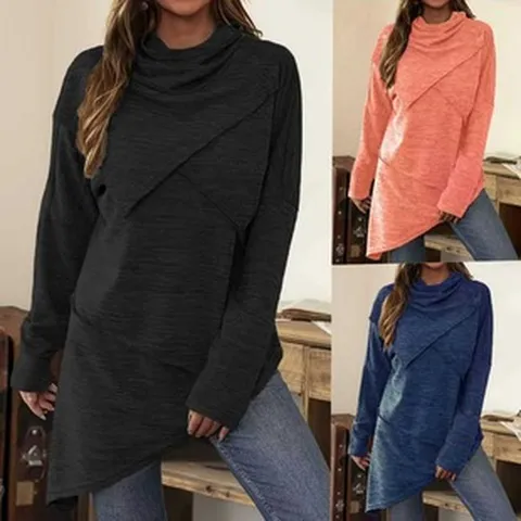 Damen Casual Langarm Sweatshirt Herbst Winter Einfarbig Schalkragen Asymmetrischer Saum Pullover Top Übergröße