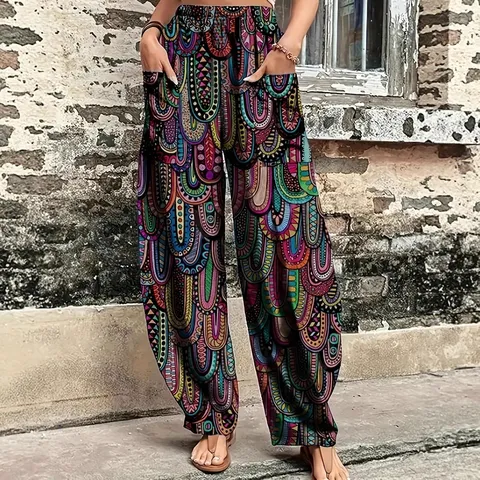 Pantaloni a Lanternas Stampati a Vita Alta Casual da Donna Motivo Geometrico Bohemien Pantaloni Lunghi Abbigliamento Giornaliero