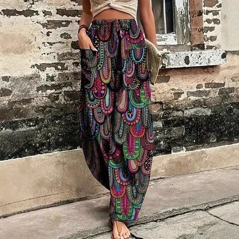 Pantaloni a Lanternas Stampati a Vita Alta Casual da Donna Motivo Geometrico Bohemien Pantaloni Lunghi Abbigliamento Giornaliero