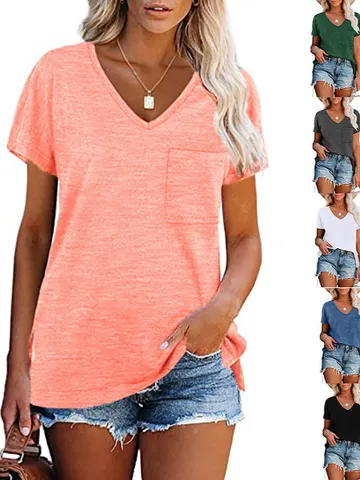 T-Shirt Decontracté Femme Col V Manches Courtes Poche Couleur Unie Coupe Ample Polyester Top Été