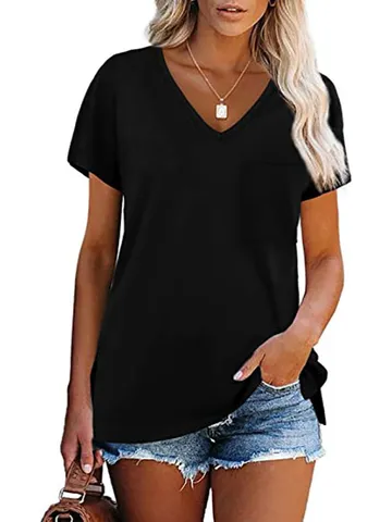 T-Shirt Decontracté Femme Col V Manches Courtes Poche Couleur Unie Coupe Ample Polyester Top Été