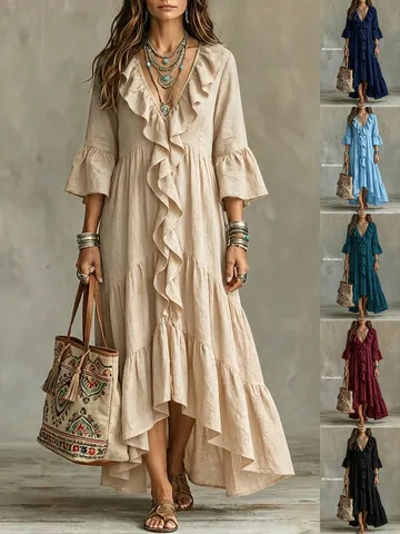 Damen Vintage V-Ausschnitt Rüsche Flickwerk Langarm Locker Maxi Kleid Lässig Herbst Elegant Einfarbig A-Linie Kleid