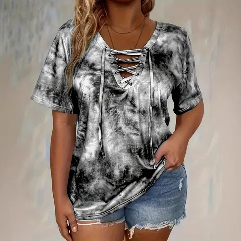 Γυναικείο T-Shirt Μόδας Tie-Dye Εκτύπωση Colorblock V-Laimokopsi Casual Kontomandiko Kordonia Top