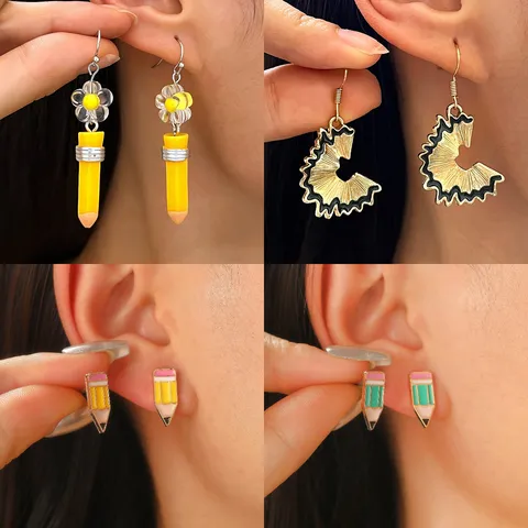 Creative Pencil Shaving Dangle Earrings Resin Alloy Enamel Pencil Stud Earrings Open Ring Brooch Pack For Back To School Women Girls Gift Jewelry