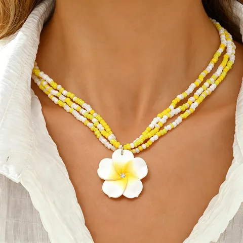 Hawaiian Style Flower Multi Layer Beaded Choker Necklace Fresh Sweet Yellow White Seed Bead Clasp Layered Strand Necklaces For Beach Vacation Women Decorative Jewelry