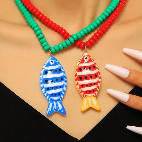 Collana Pesce Tropicale Lega Strass Bohemian Oceano Pesce Ciondolo Choker Catena Perline Orecchini Set Gioielli Da Donna