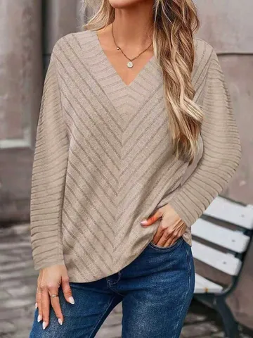 Donna Casual Tinta Unita A Coste Scollo a V Manica Lunga Pullover Maglia Base Moda Comfort Stretch Maglia Top