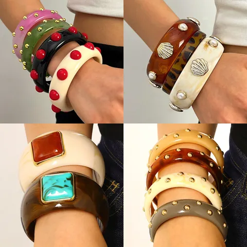 Vintage Schildpatt Harz Nieten Armreif Damen Französischer Schick Goldperle Breites Armband Retro Minimalistisches Geometrisches Harz Inlaid Schmuck Zubehör