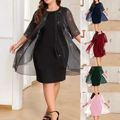 Women Plus Size Top And Bottom Elegant Mesh Glitter Cardigan Coat And Sleeveless Solid Color Maxi Dress Fashion Party Outfit