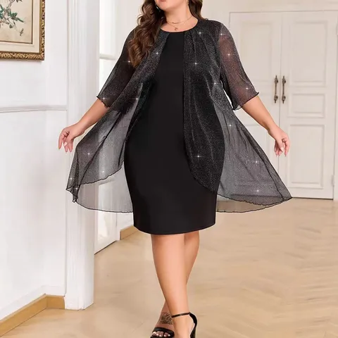Women Plus Size Top And Bottom Elegant Mesh Glitter Cardigan Coat And Sleeveless Solid Color Maxi Dress Fashion Party Outfit