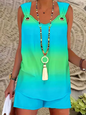 Set Top E Pantaloncini Senza Maniche Sfumati Bohemian da Donna Completi Casual Estivi Taglie Forti in Poliestere