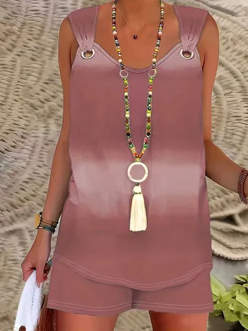 Set Top E Pantaloncini Senza Maniche Sfumati Bohemian da Donna Completi Casual Estivi Taglie Forti in Poliestere