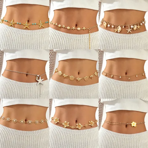 Bohemian Ocean Beach Style Metal Waist Chain For Women Starfish Shell Flower Artificial Pearl Tassel Belt Jewelry Dress Accessories